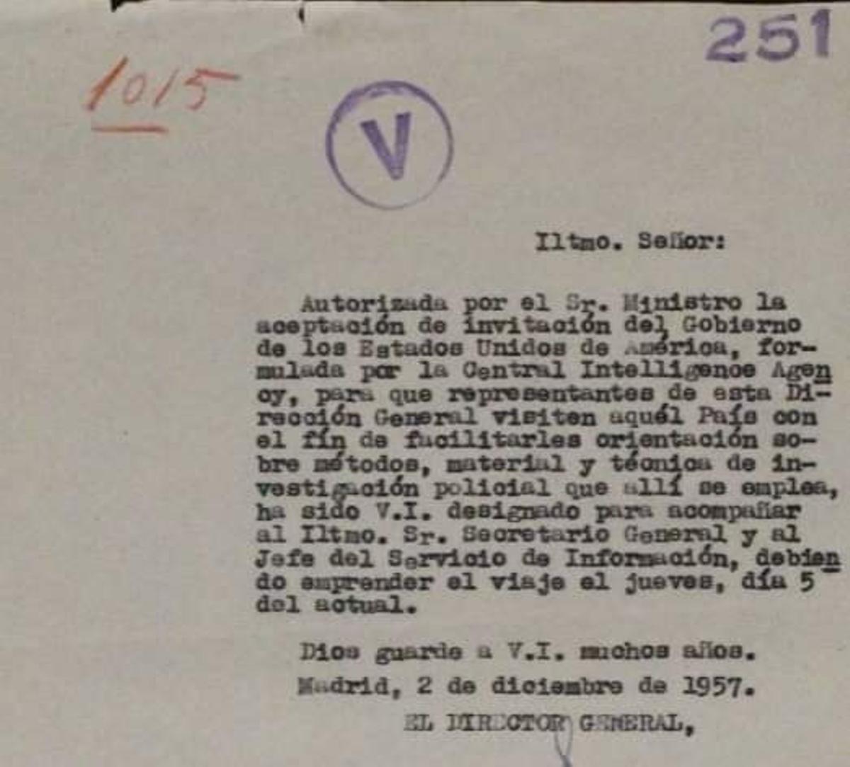 Autorización a Vicente Reguengo para viajar a EEUU y recibir instrucción de la CIA y el FBI.