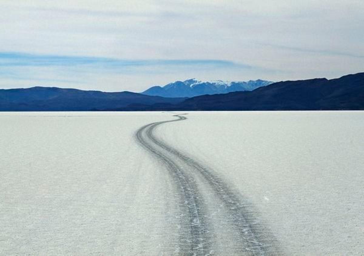 Las huellas que dejó un vehículo tras atravesar el salar