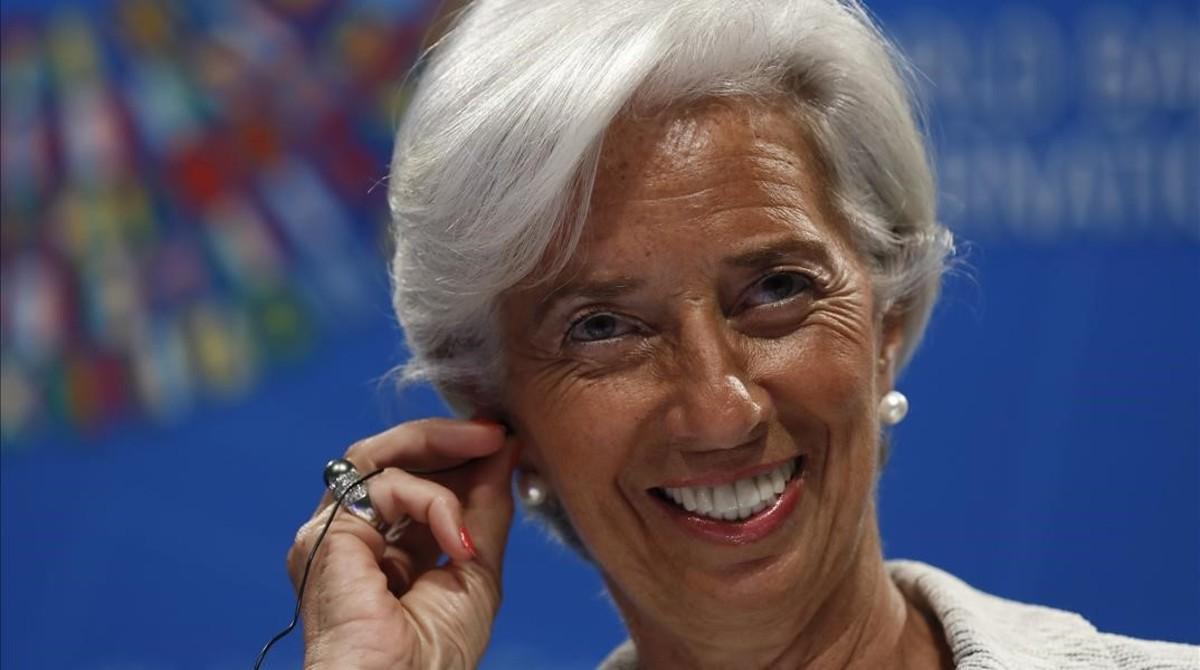 Christine Lagarde durante la rueda de prensa de la reunión del FMI.
