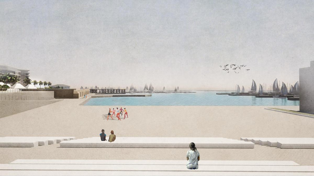 Simulación del aspecto final del auditorio al aire libre que tendrá como objetivo principal la celebración del Certamen Internacional de Habaneras y Polifonía. El proyecto lo contempla en una zona que es competencia exclusiva de la Generalitat y que acoge ahora un varadero junto a Maria Internacional