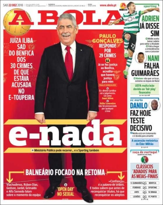 Portada A BOLA sábado 22 diciembre 2018