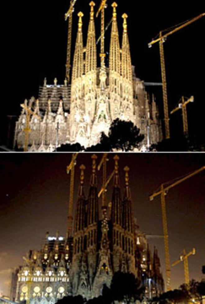 La Sagrada Família, antes y después del apagón.