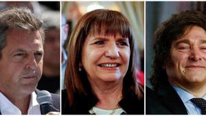 Los candidatos a las elecciones presidenciales de Argentina Sergio Massa, Patricia Bullrich y Javier Milei.