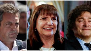 Los candidatos a las elecciones presidenciales de Argentina Sergio Massa, Patricia Bullrich y Javier Milei.