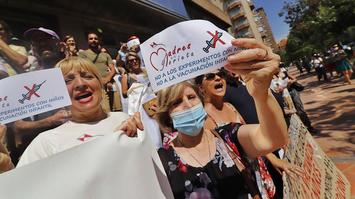 El grupo ‘Madres de la glorieta’, durante una protesta junto a la asociación antivacunas Libertas, en la Consejería de Educación.  | JUAN CARLOS CAVAL