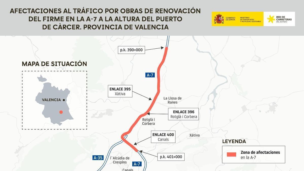 Mapa de las afecciones al tráfico por las obras de renovación del firme en la A-7.