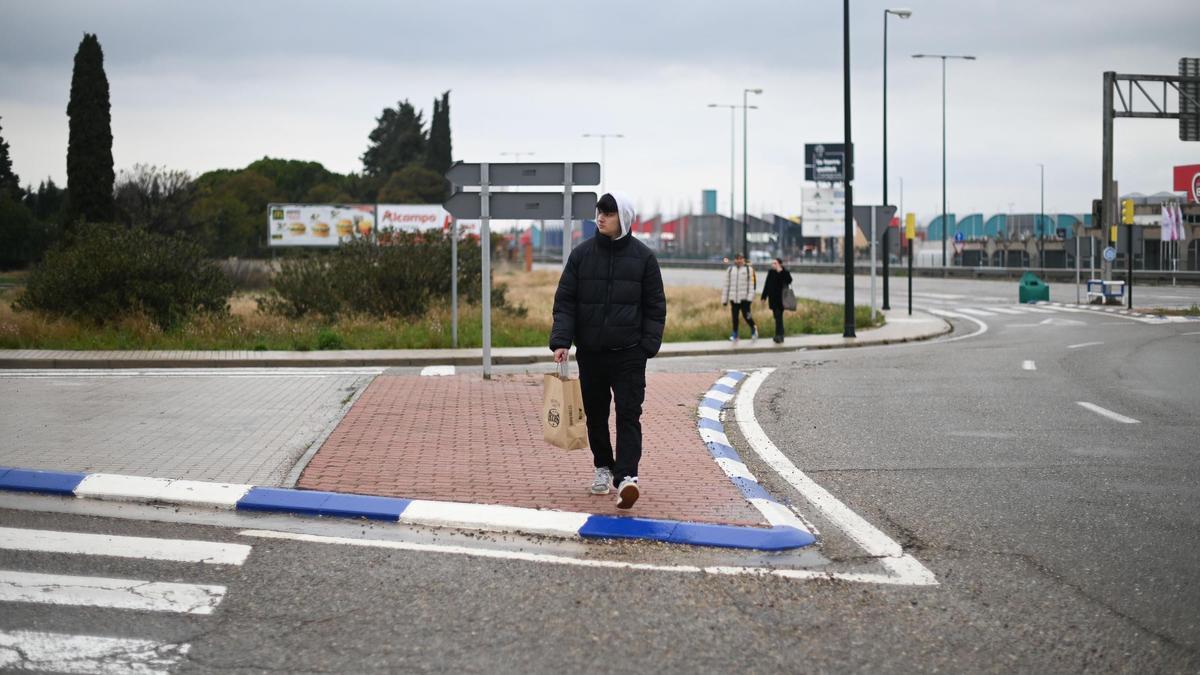 Un joven pasea este domingo por Zaragoza con La Torre Outlet de fondo.