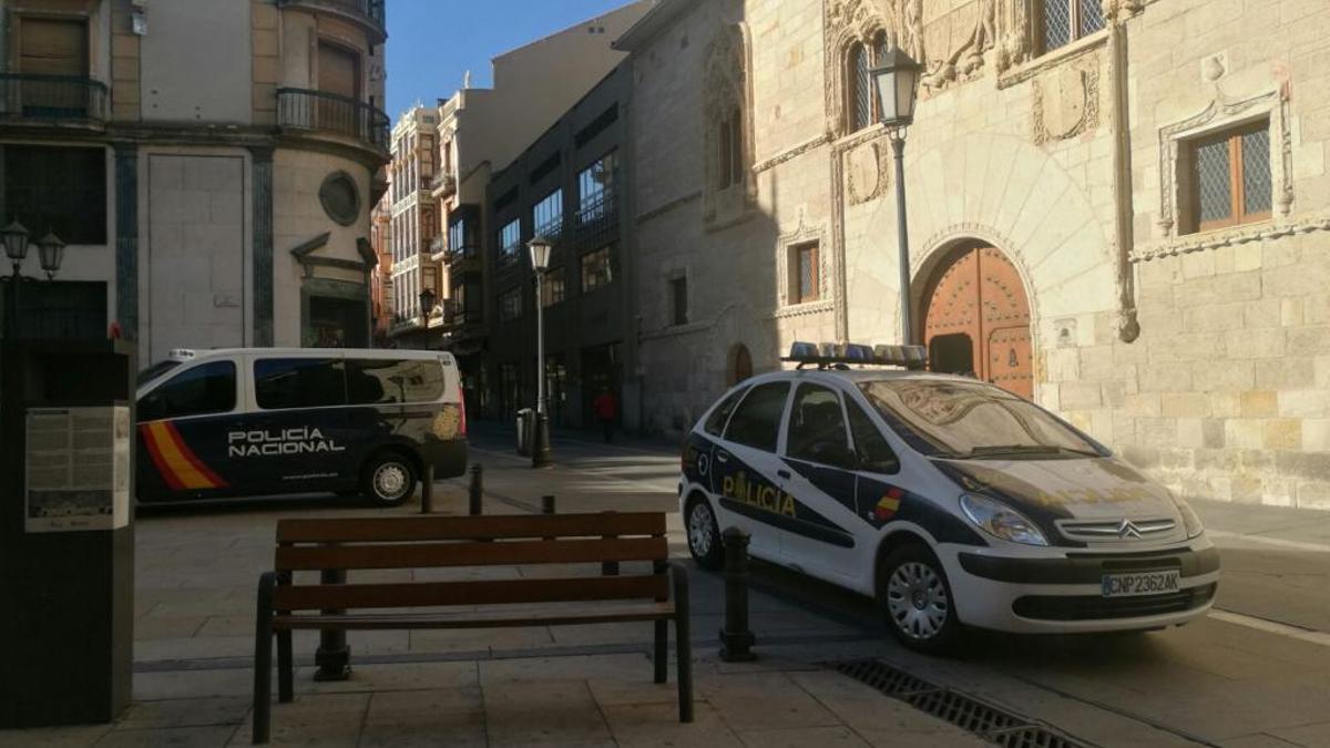 Una patrulla y un furgón de la Policía Nacional ante la Audiencia de Zamora.