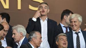 Enric Masip en el palco del Lluis Companys durante el partido de Liga de Campeones entre el FC Barcelona (Barça) y el Royal Antwerp en el estadio Lluis Companys.