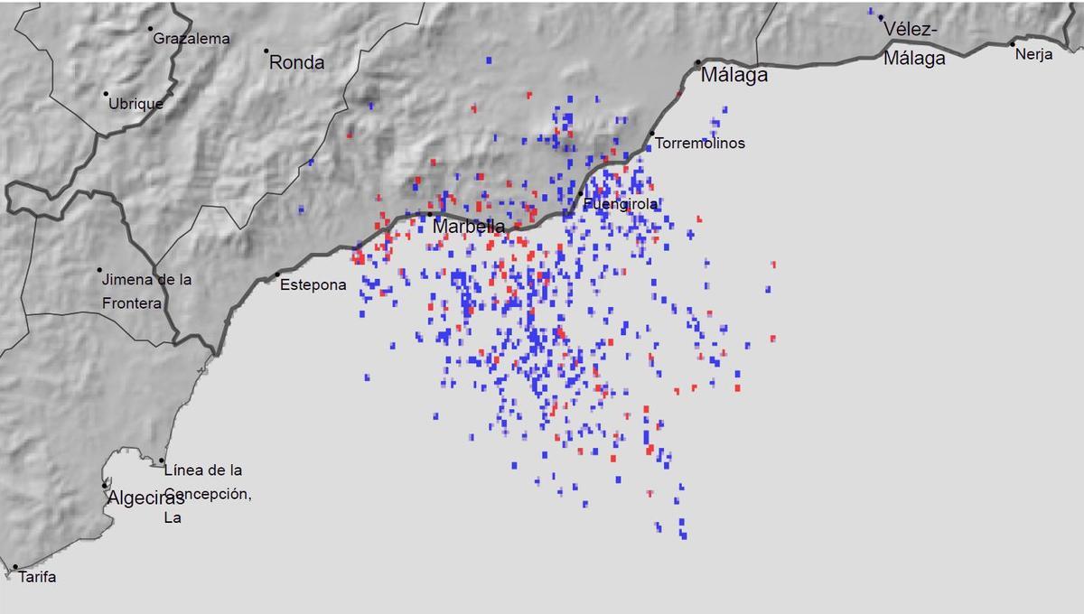 Mapa de los rayos caídos en Málaga durante la noche del sábado.