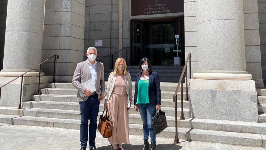 La alcaldesa de Cabanes, Virginia Martí (c), junto al diputado nacional Germán Renau y la senadora Ana Edo, delante de la sede del Ministerio para la Transición Ecológica, en Madrid.