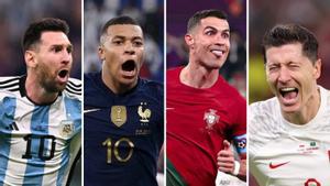 Messi, Mbappé, Cristiano y Lewandowski celebran goles con sus selecciones. 