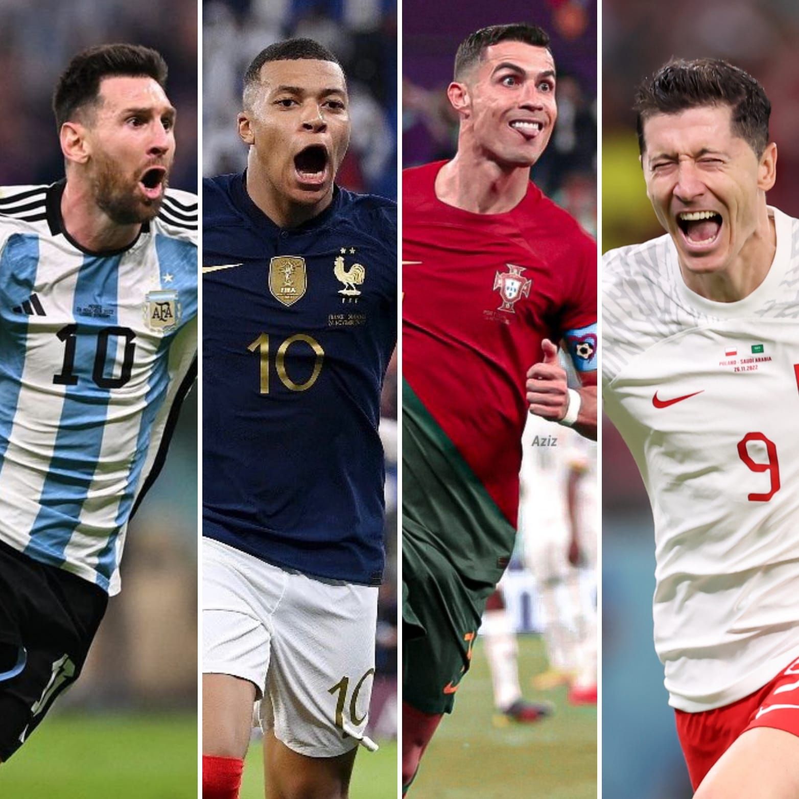 Messi, Mbappé, Cristiano y Lewandowski celebran goles con sus selecciones.