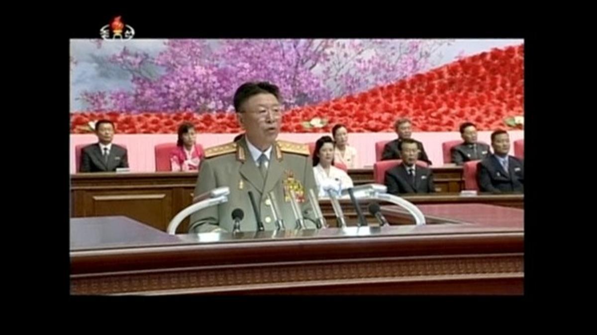 North Korea's army chief of staff Ri Yong Gil makes a speech in Pyongyang in this still image taken from KRT file video footage