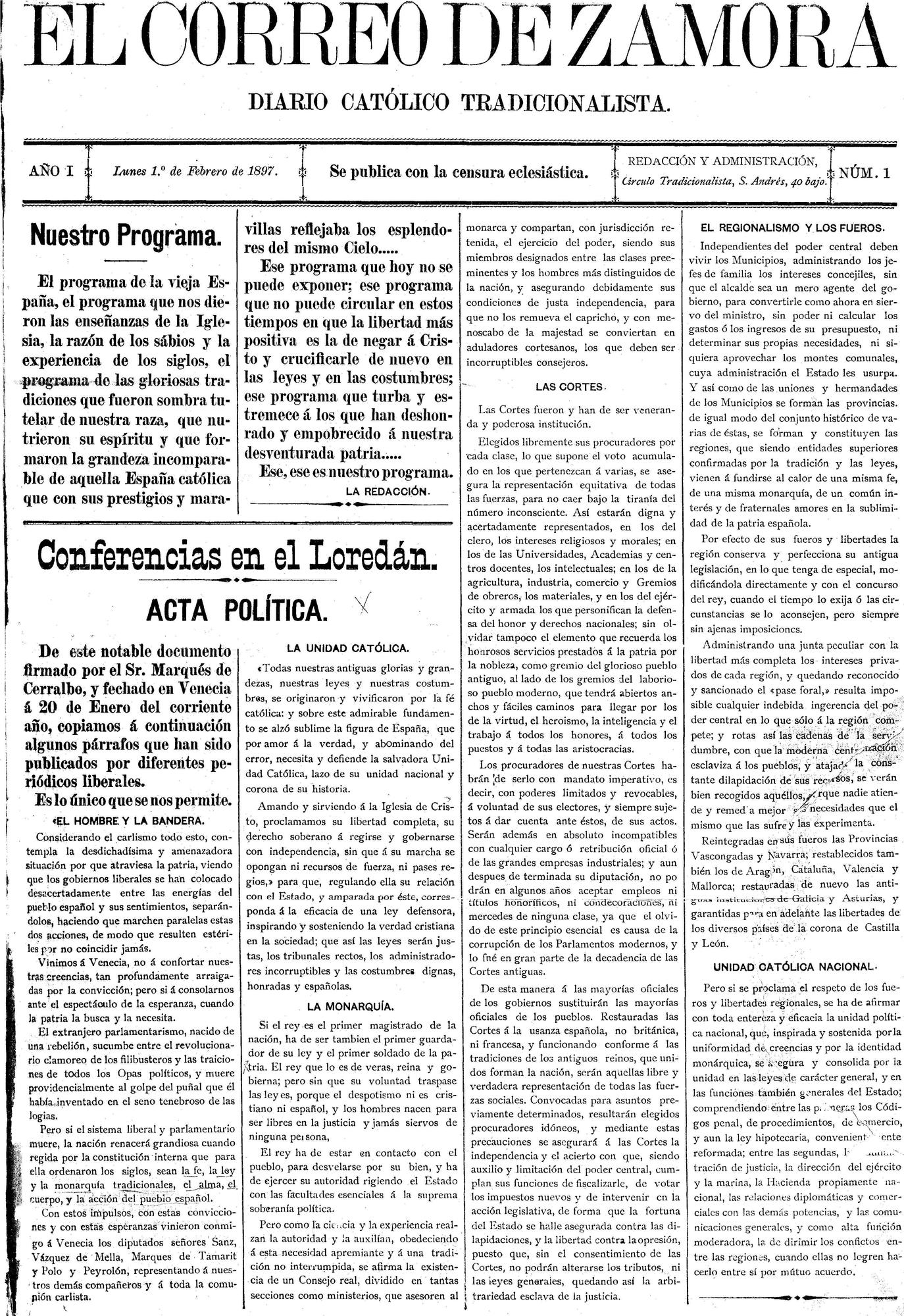 El Correo de Zamora, Número 1, Febrero de 1897