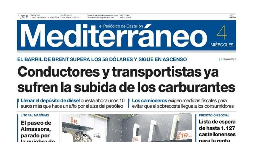 Conductores y transportistas ya sufren la subida de carburantes en Castellón, en la portada de El Periódico Mediterráneo