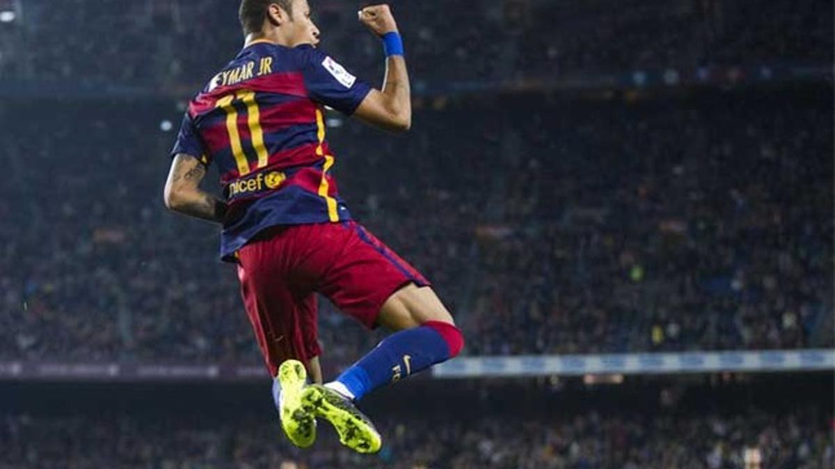 Neymar Junior celebra uno de sus goles en el Barça-Rayo de la Liga BBVA 2015/16