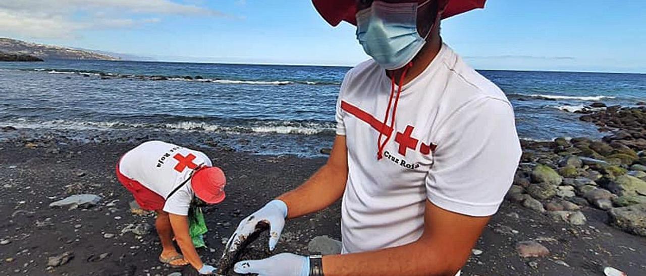 Miembros de Cruz Roja recogen bolas de piche mezcladas con arena en las playas de Candelaria.