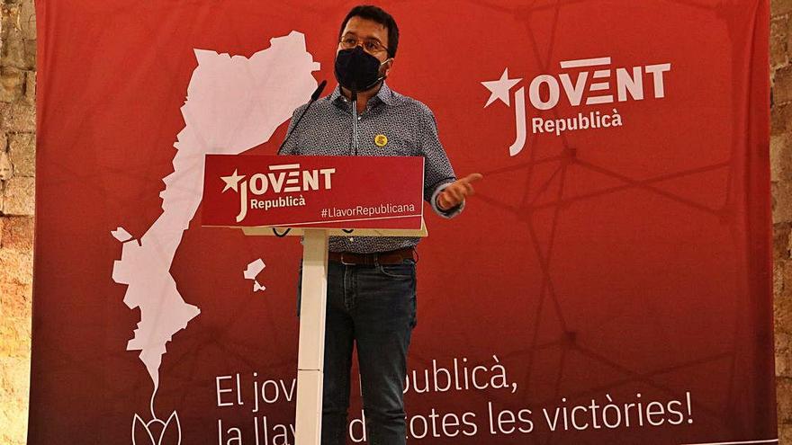 Pere Aragonès durant la seva intervenció d&#039;ahir a l&#039;acte polític del Jovent Republicà