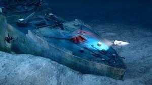 Animación renderizada del naufragio de exploración de Titán del RMS Titanic. Después de chocar con un iceberg y hundirse, el Titanic descansa en el lecho marino del Atlántico Norte a una profundidad de 3.800 metros (12.500 pies). Titan OCEANGATE