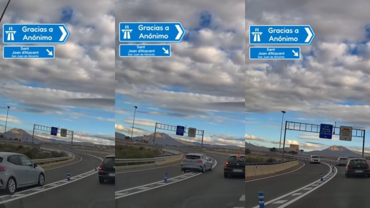 Tres fotogramas del vídeo que muestra el adelantamiento temerario