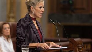 La vicepresidenta segunda, Yolanda Díaz, durante su intervención en el Congreso sobre la reforma de los subsidios.