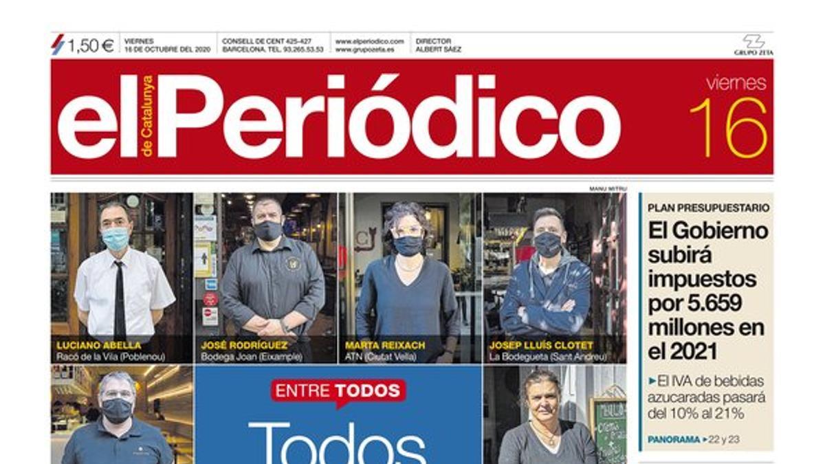 La portada de EL PERIÓDICO del 16 de octubre del 2020.