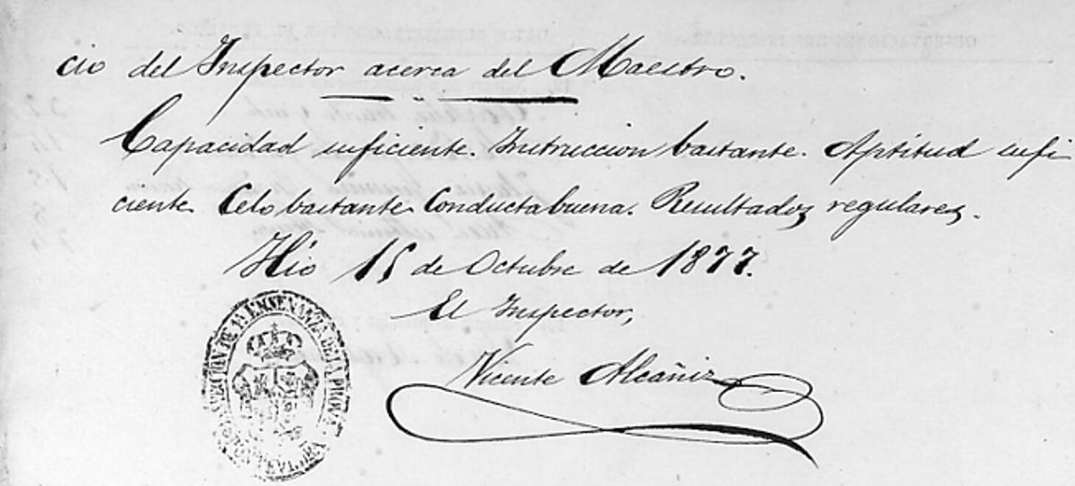 Un escrito datado en outubro de 1877 coa sinatura do inspector Vicente Alcañiz.