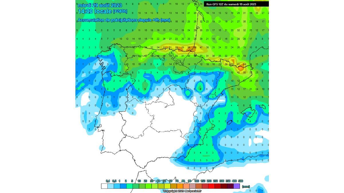 Acumulación de precipitación prevista hasta el 29 de agosto