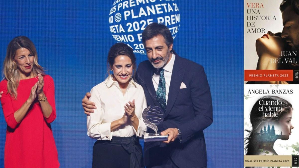Yolanda Díaz, ministra de Trabajo, y la escritora compostelana Ángela Banzas junto a Juan del Val, en la gala del Premio Planeta 2025. Al lado, portadas de los libros ganadores.