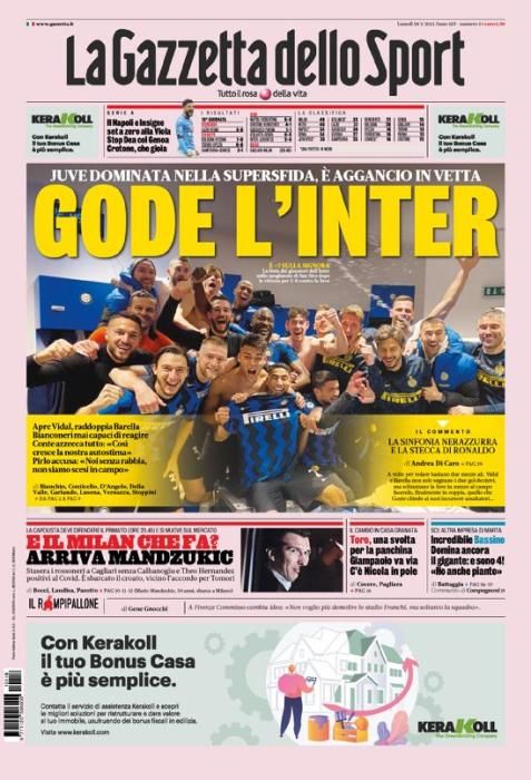 Portada GAZZETTA DELLO SPORT lunes 18 enero 2021