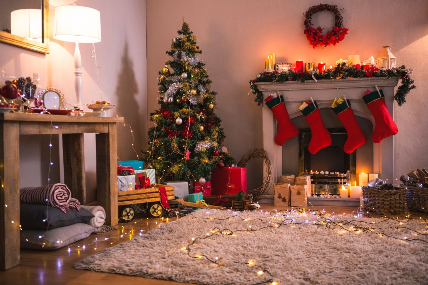 living room with fireplace and christmas tree