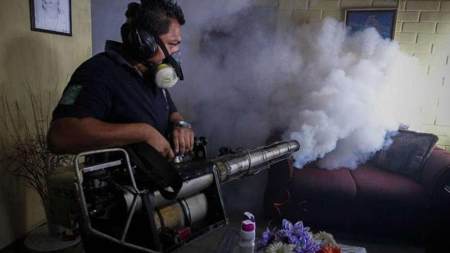 Un empleado del Ministerio de Salud fumiga el interior de una casa en Soyapango, a 6 kilómetros de El Salvador.