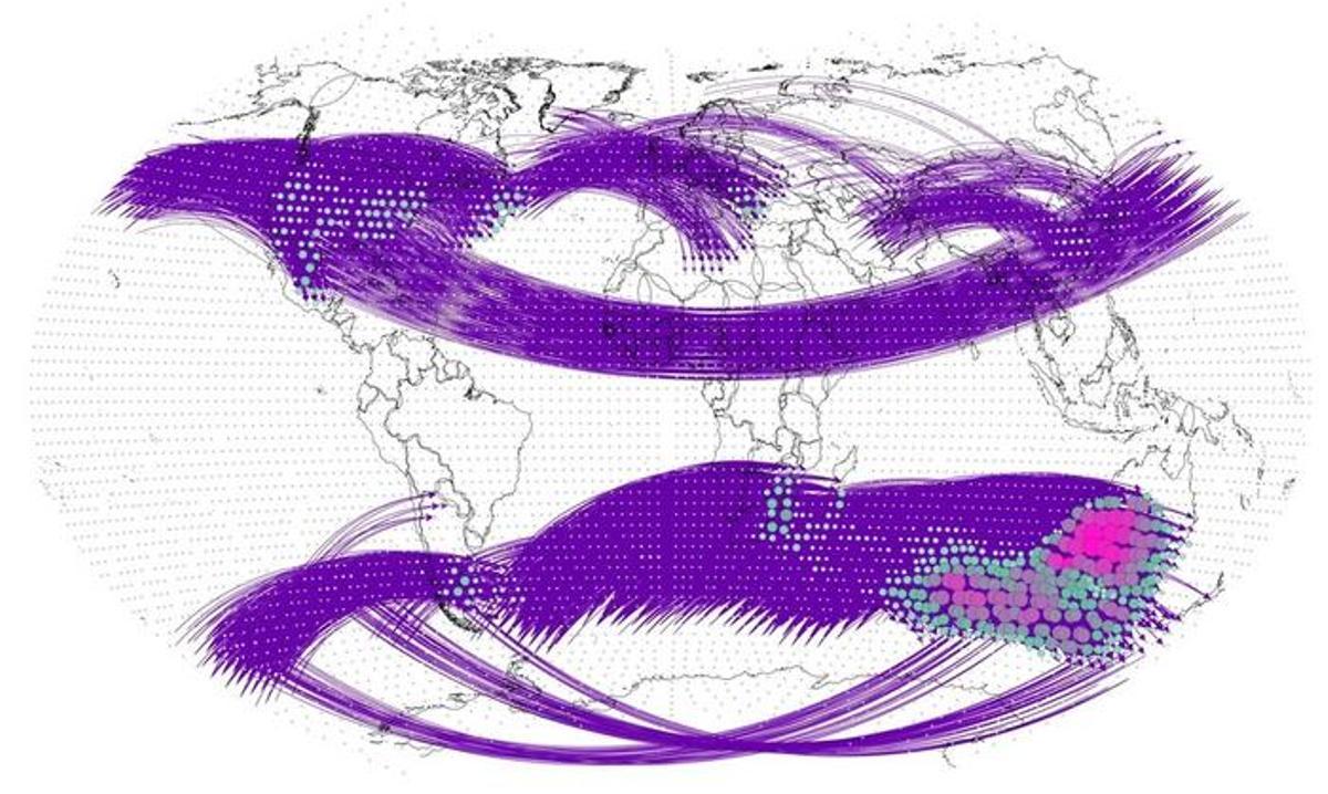 Mapa de la red climática global en el que se muestra la teleconexión entre diferentes regiones.
