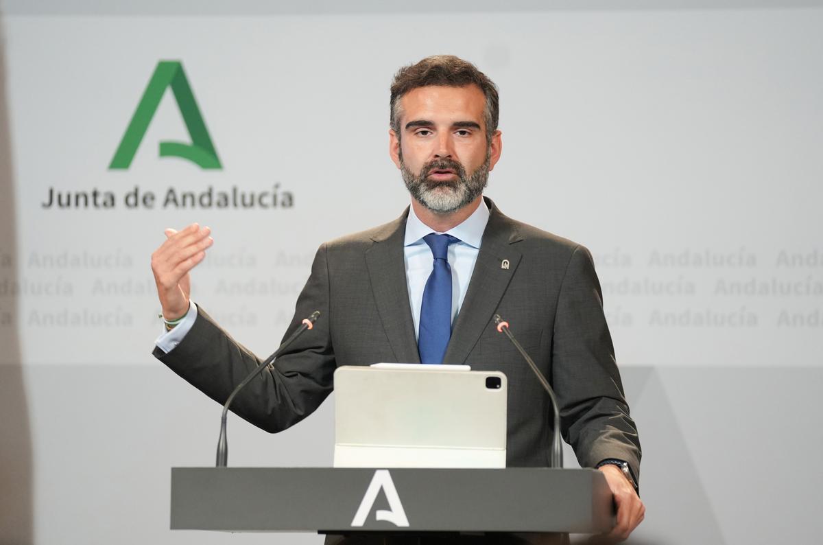 El consejero de Sostenibilidad, Medio Ambiente y Economía Azul de la Junta de Andalucía y portavoz del gobierno, Ramón Fernández-Pacheco, durante la rueda de prensa posterior al Consejo de Gobierno. A 07 mayo de 2024, en Sevilla (Andalucía, España).Rueda