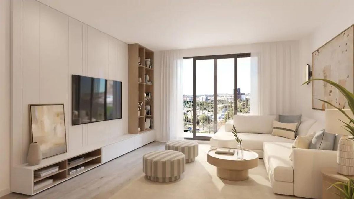 El salon de las futuras viviendas de la nueva promocion Satia de AEDAS Homes en Murcia capital.