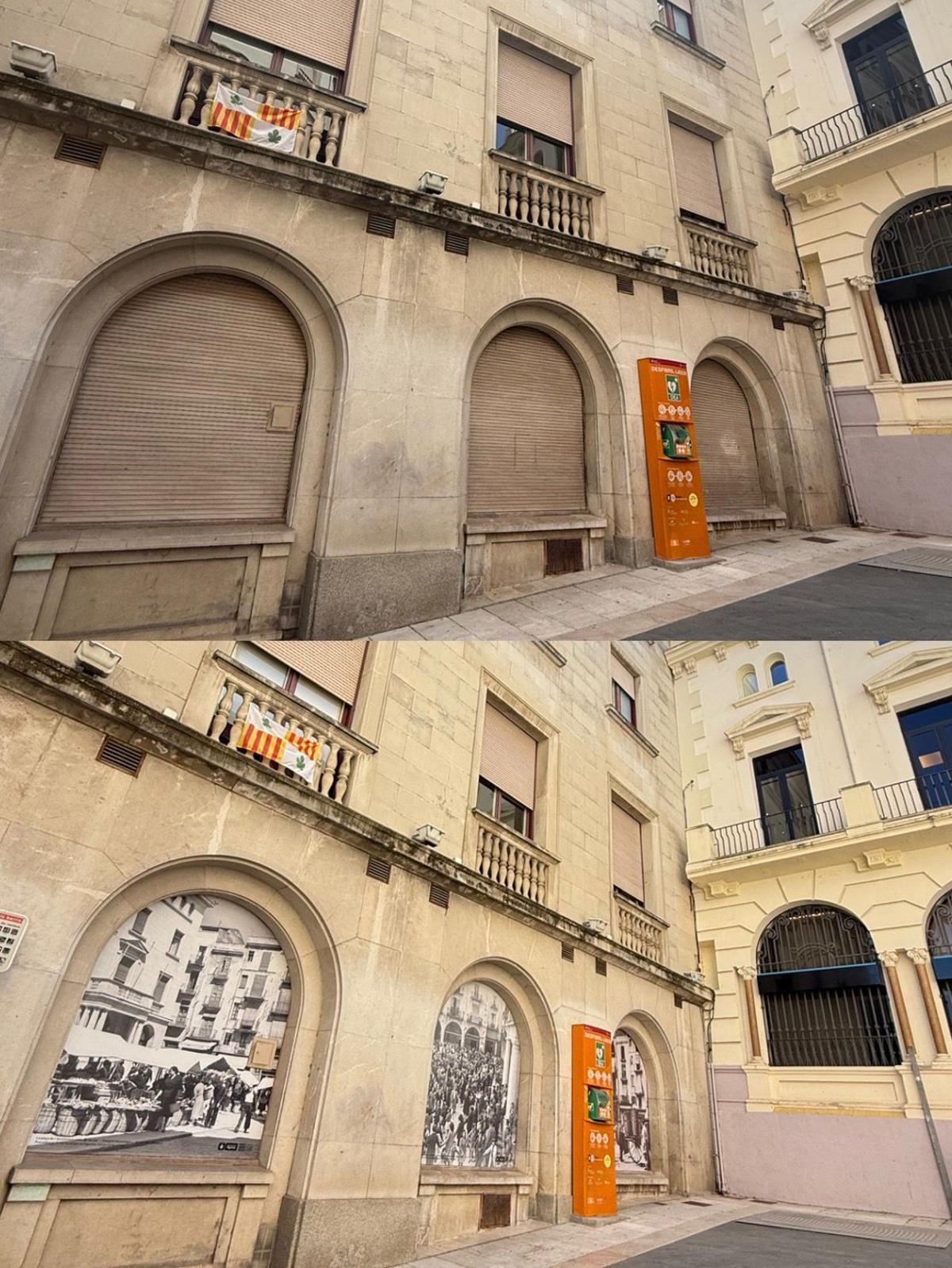 L'abans i l'ara dels tres finestrals decorats amb fotografies antigues