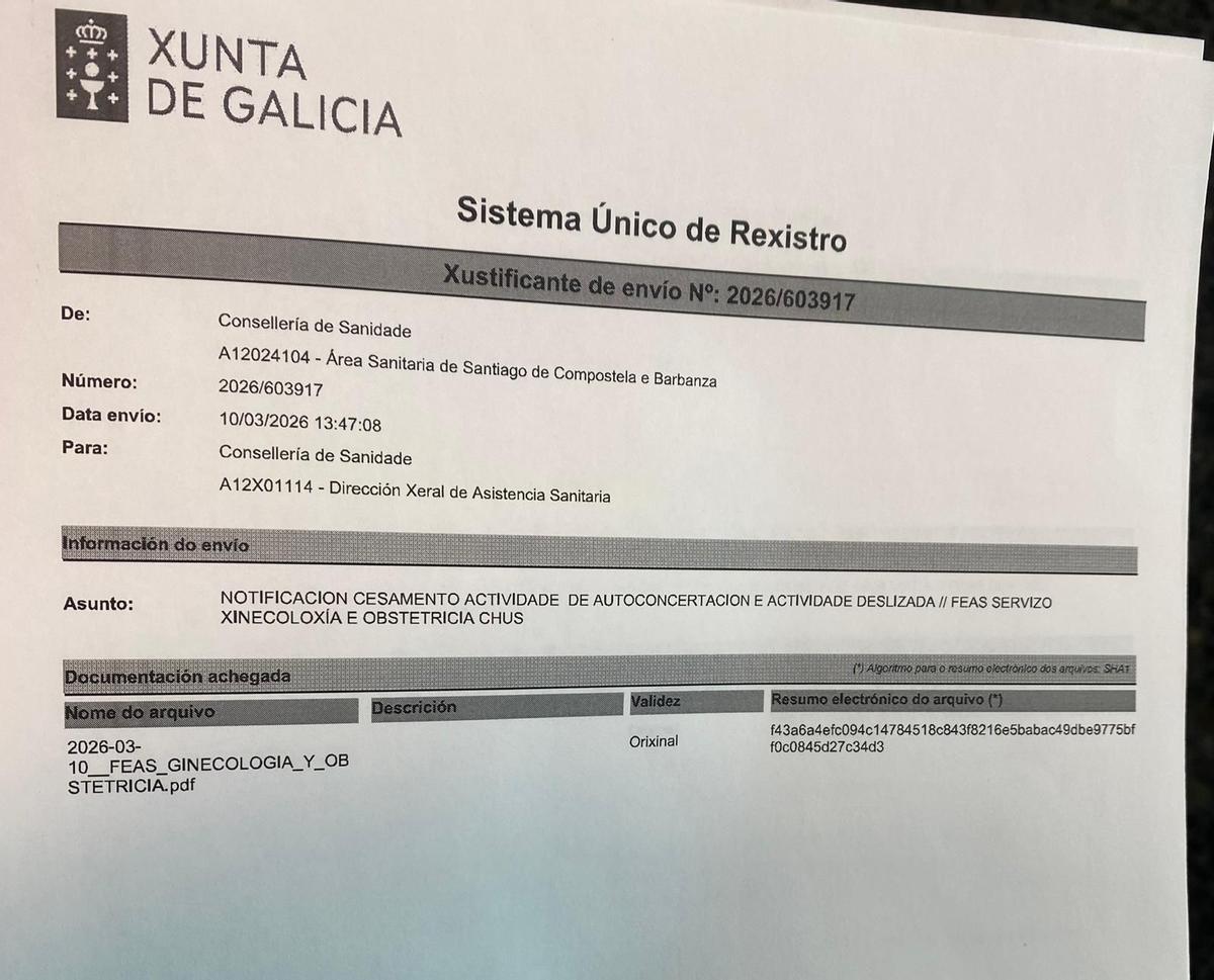 Uno de los escritos presentados por el personal médico del CHUS advirtiendo de su negativa a realizar 'peonadas'.