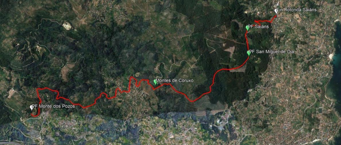 Mapa de la senda guiada y gratis entre Monte dos Pozos y Saiáns.