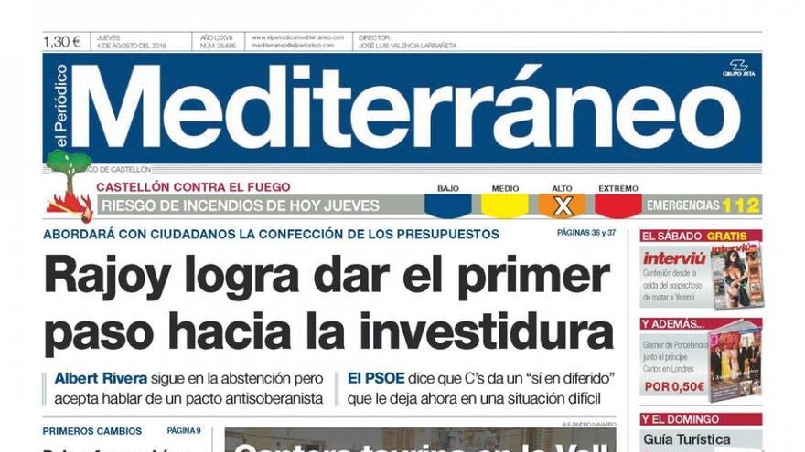 Rajoy logra dar el primer paso hacia la investidura, en la portada de Mediterráneo