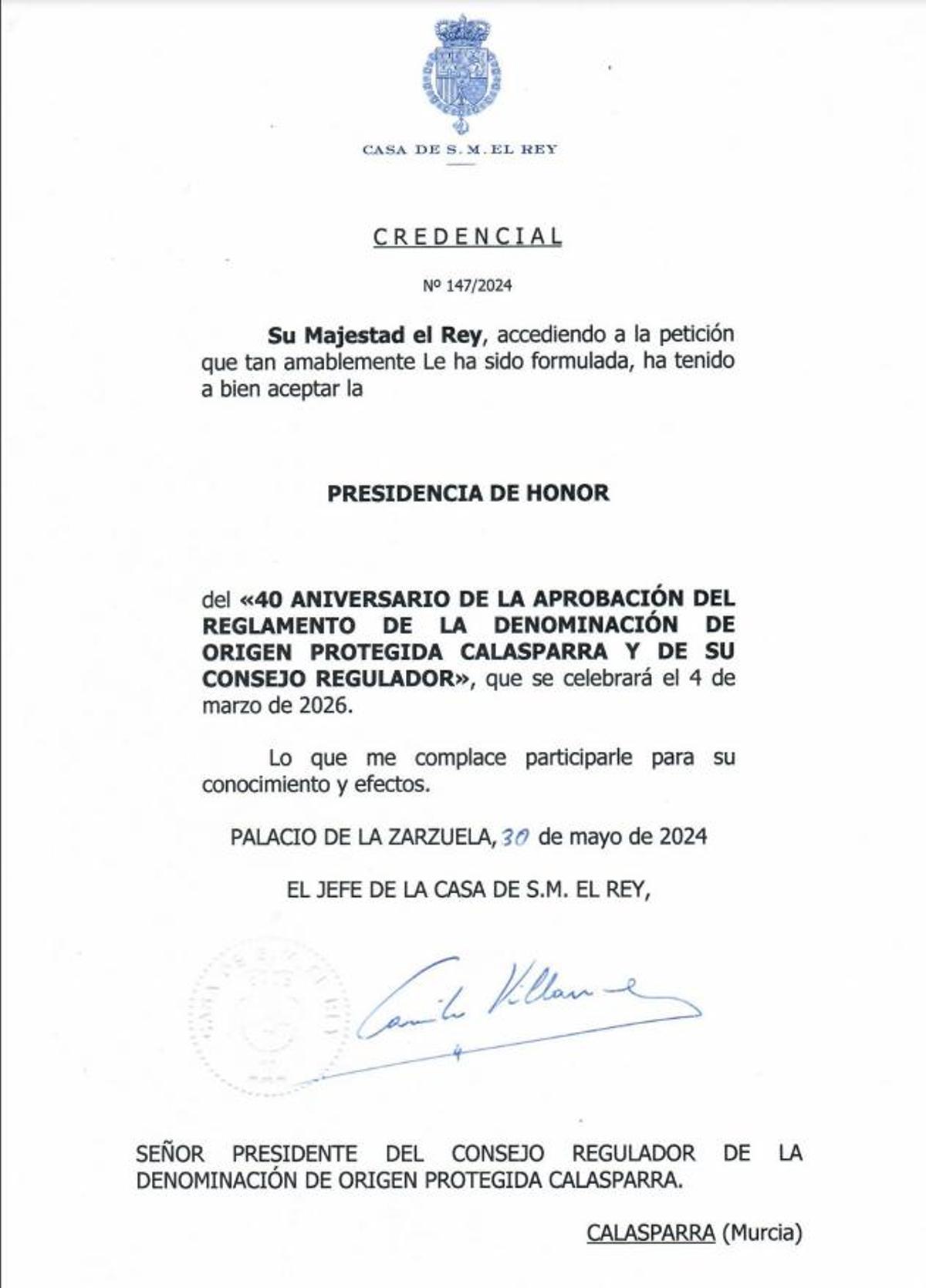Credencial Presidencia de Honor DOP Calasparra