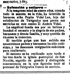 Recorte de prensa que informaba de la muerte de Pepita Vidal