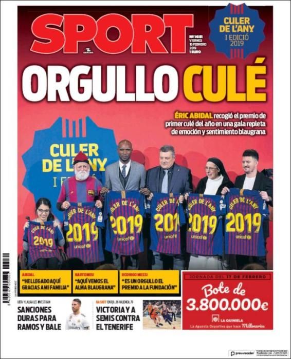 Portada SPORT viernes de 15 febrero 2019