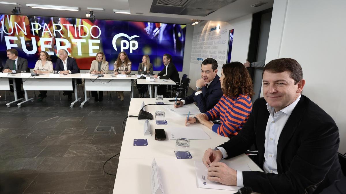 El presidente del Partido Popular, Alberto Núñez Feijóo, preside una reunión del Comité Ejecutivo Nacional; una reunión a la que asiste el presidente del PP de Castilla y León, Alfonso Fernández Mañueco.