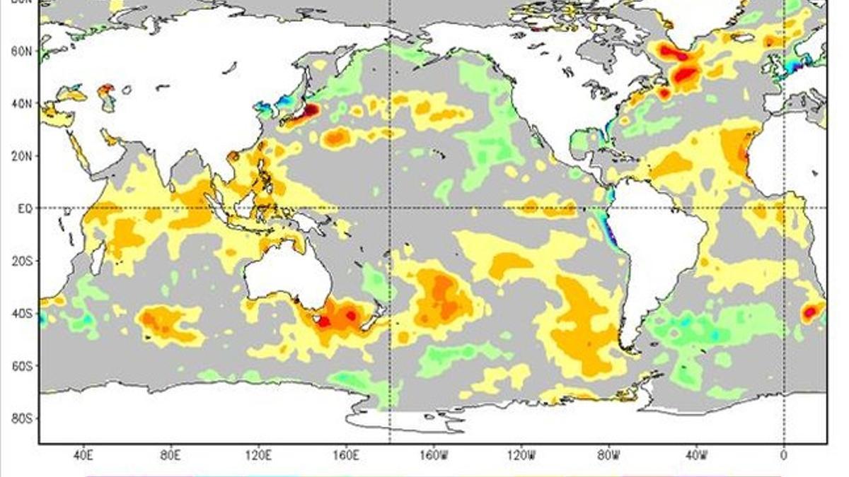 Mapa de la anomalía de la temperatura superficial de los océanos a finales de marzo del 2013 con respecto a la misma fecha del periodo 1971-2000