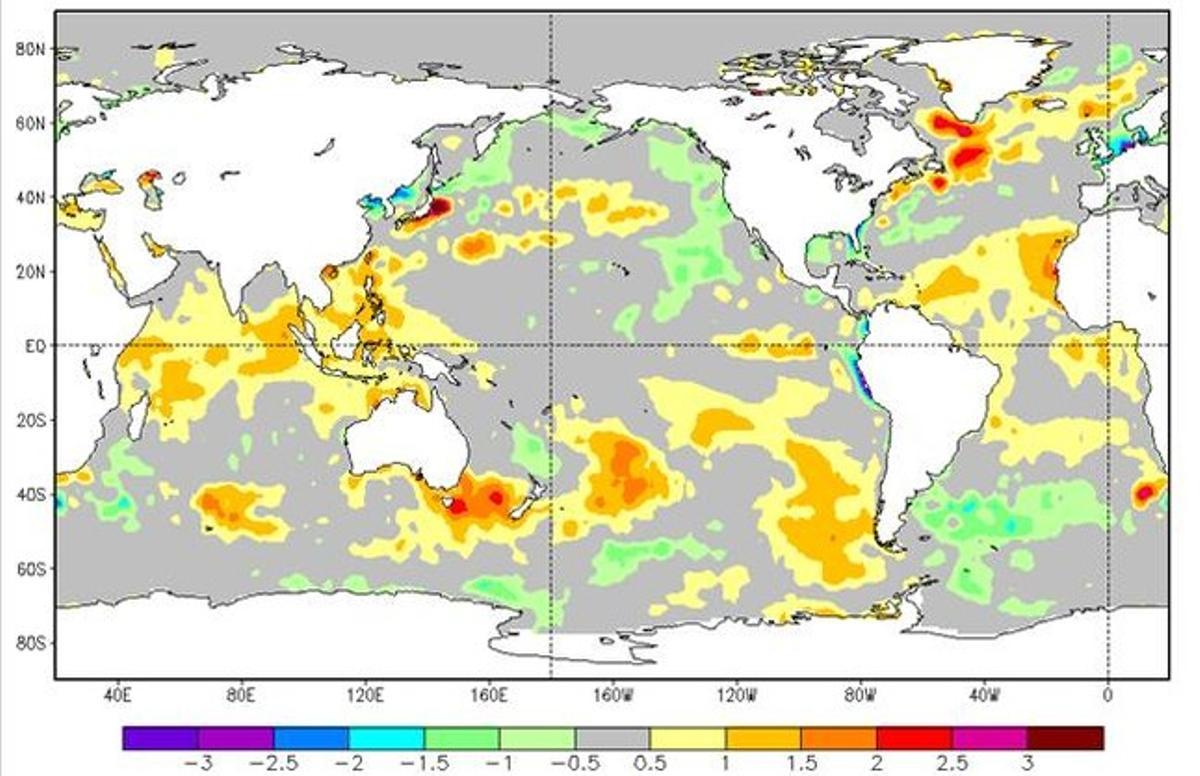 Mapa de l’anomalia de la temperatura superficial dels oceans a finals de març del 2013 respecte de la mateixa data del període 1971-2000. Mapa de l’anomalia de la temperatura superficial dels oceans a finals de març del 2013 respecte de la mateixa data del període 1971-2000.