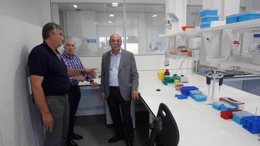 Por la izquierda, José Prendes, Francisco González Zapico e Ibo Álvarez, ayer, en el laboratorio de Asturbiotech, situado en las instalaciones de la Cooperativa de Agricultores.