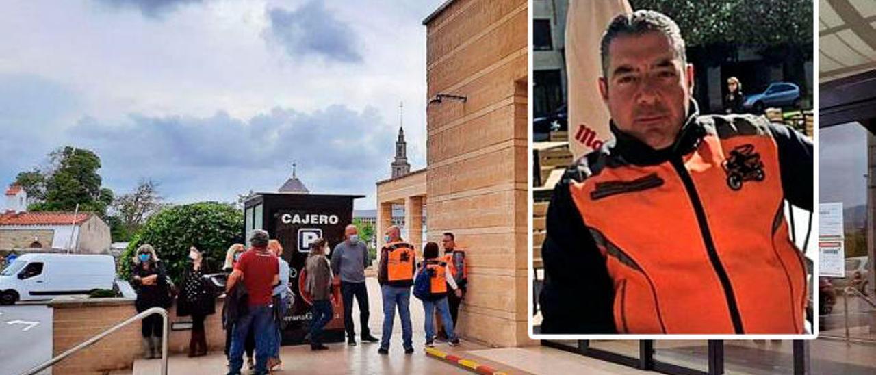 Moteros y amigos de Vicente Navarro, ayer, a las puertas del tanatorio de Gijón-Cabueñes. En el recuadro, Vicente Navarro.