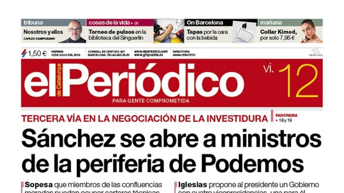 La portada de EL PERIÓDICO del 12 de julio del 2019