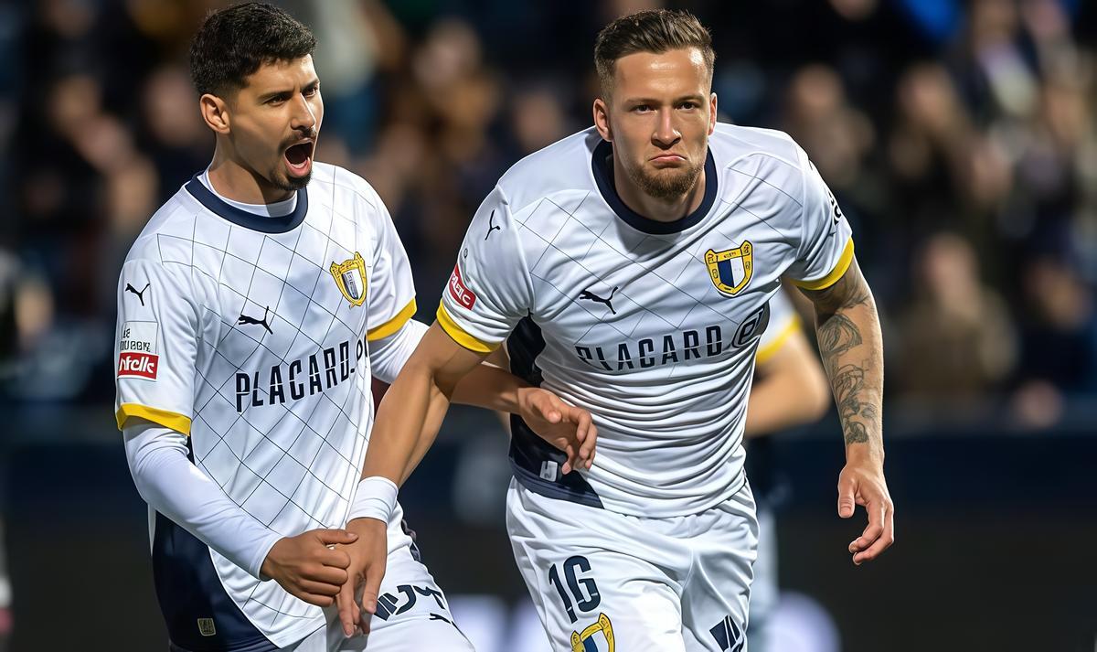 Justin de Haas celebra un gol con la camiseta del Famalicao